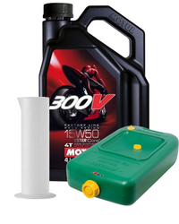 Zestaw pojemnik na olej + miarka +  Motul 300v 15w50 4T 4L