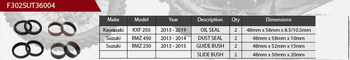 SHOWA Zestaw naprawczy amortyzatora przedniego Showa Kawasaki KXF 250 '13-'19, Suzuki RMZ 450 '13-'14, RMZ 250 '13-'15 Uszczelniacze olejowe x 2, pyłowe x 2, panewki x 4, Service kit, Zawieszenie 48mm